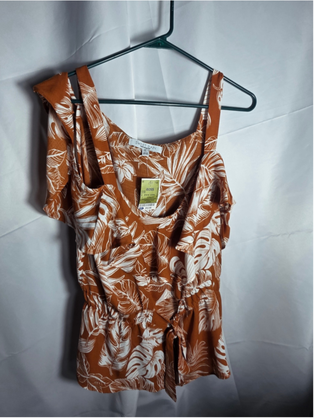 Women's Sweet Rain Rust & White Tropical Print Cold Shoulder Tank Top XL boho
